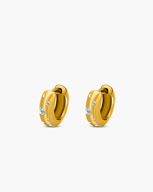 Gold hoop earrings with small diamonds on a white background